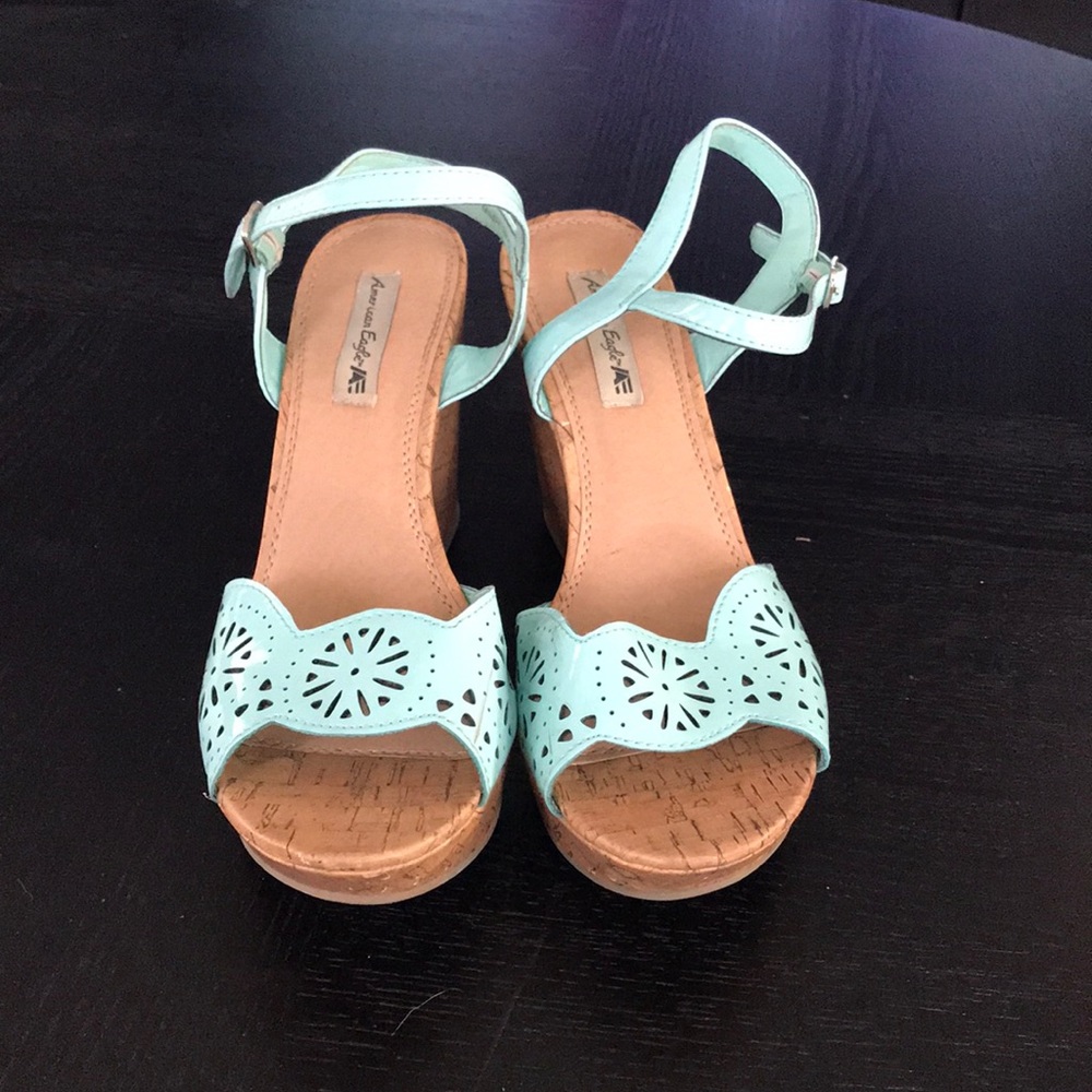 Teal open toe wedges